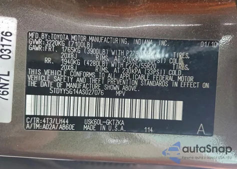 2010 Toyota Sequoia Platinum z USA, uszkodzony, nr VIN 5TDYY5G14AS027076